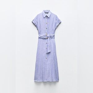 Zara Linen Blend Midi Shirtdress (Blue/White)
